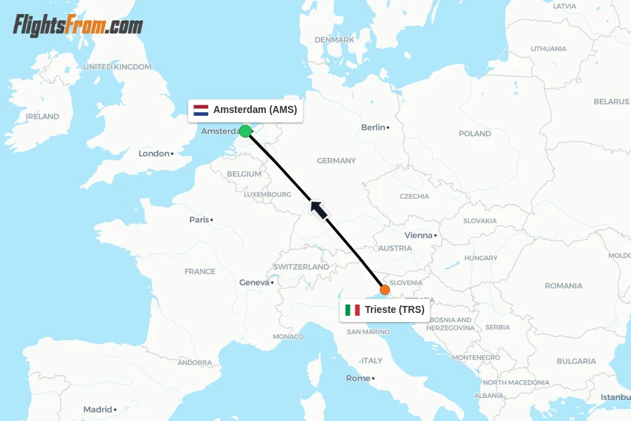 Flights from Trieste to Amsterdam route map