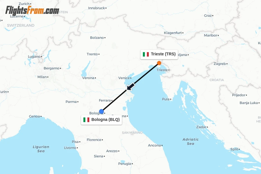 Flights from Trieste to Bologna route map