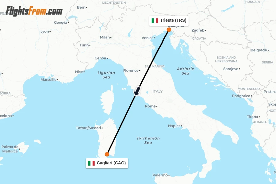 Flights from Trieste to Cagliari route map