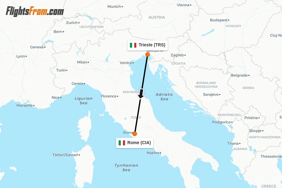 Flights from Trieste to Rome route map