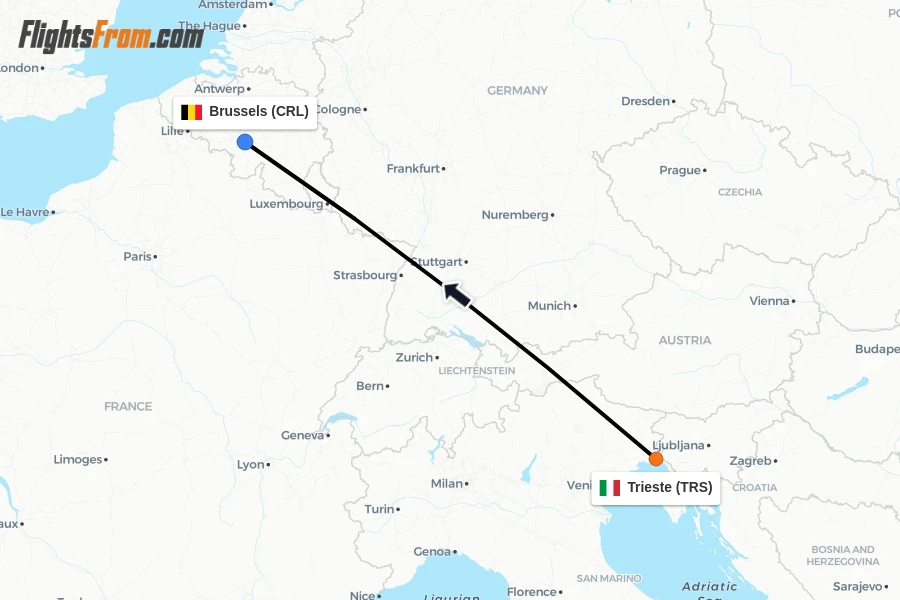 Flights from Trieste to Brussels route map