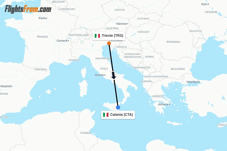 Flights from Trieste to Catania route map