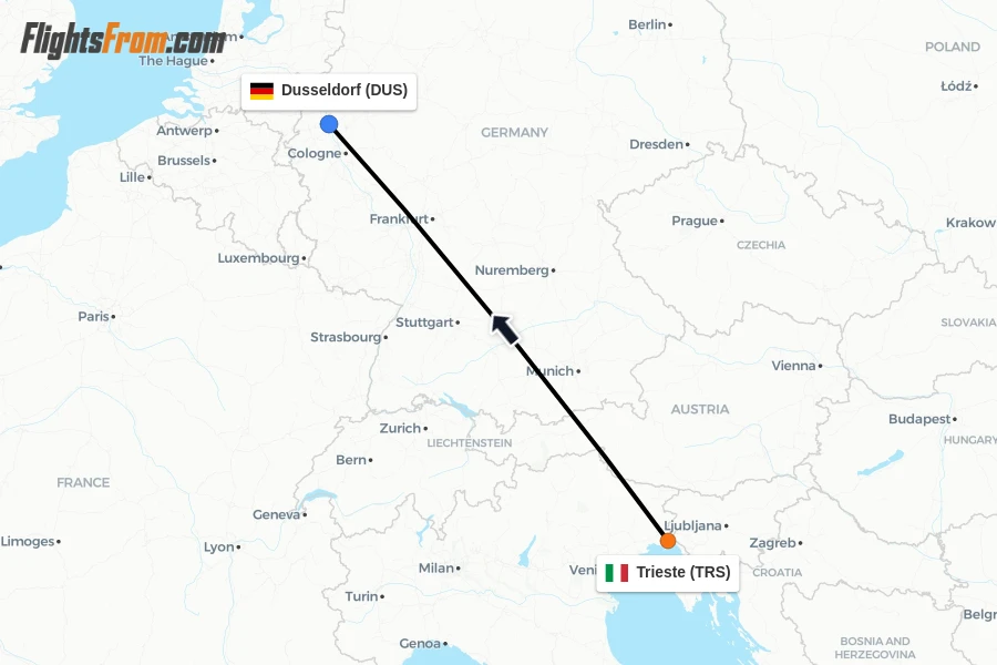 Flights from Trieste to Dusseldorf route map