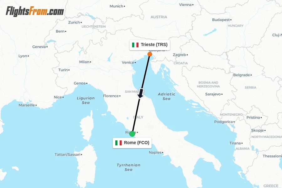 Flights from Trieste to Rome route map