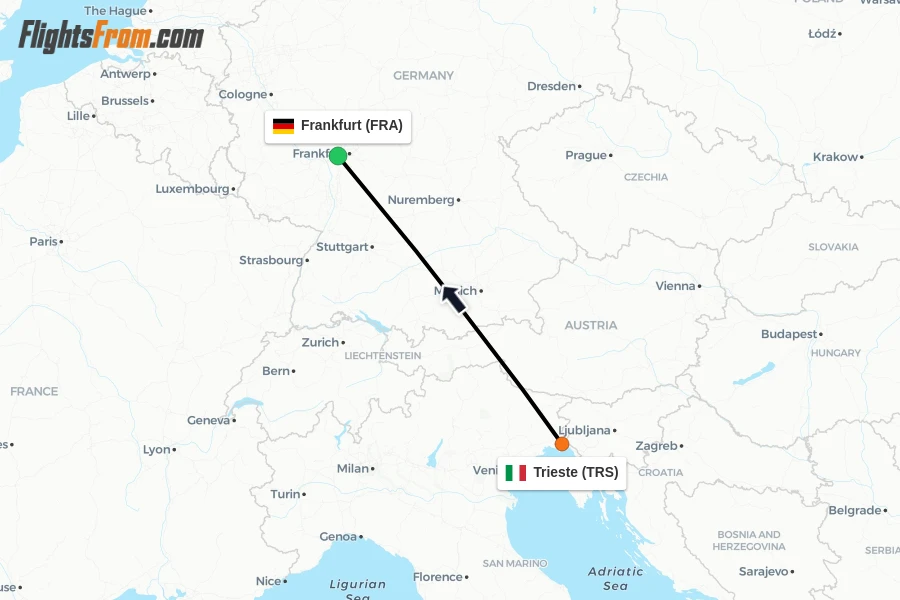 Flights from Trieste to Frankfurt route map