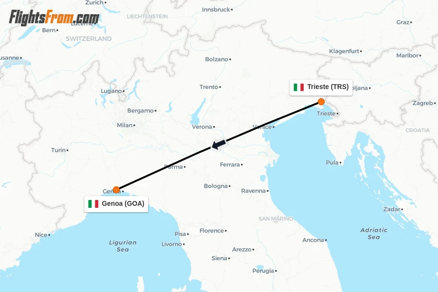 Flights from Trieste to Genoa route map