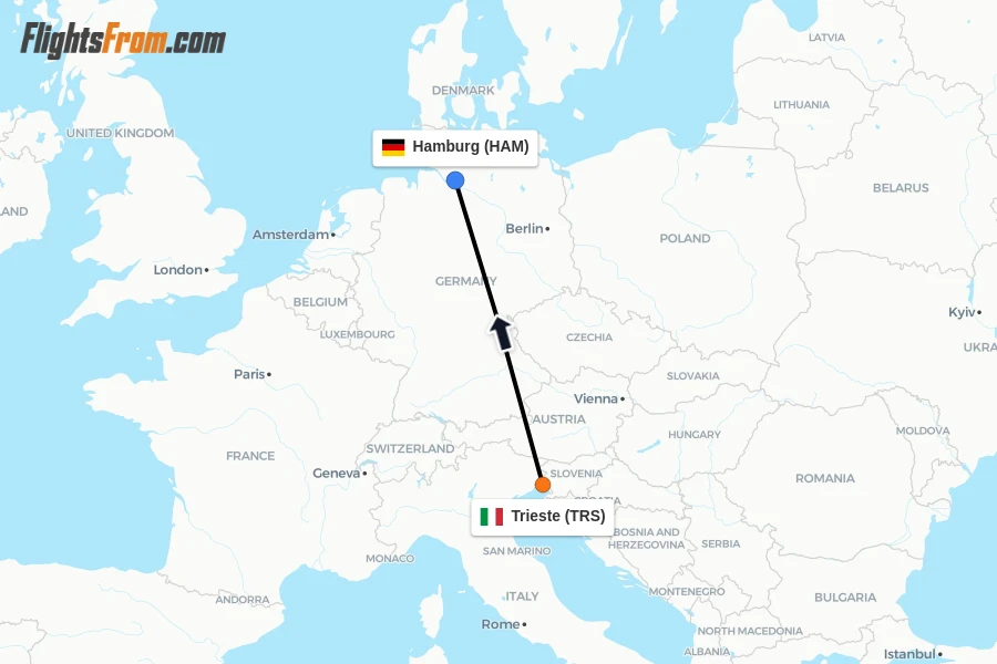 Flights from Trieste to Hamburg route map