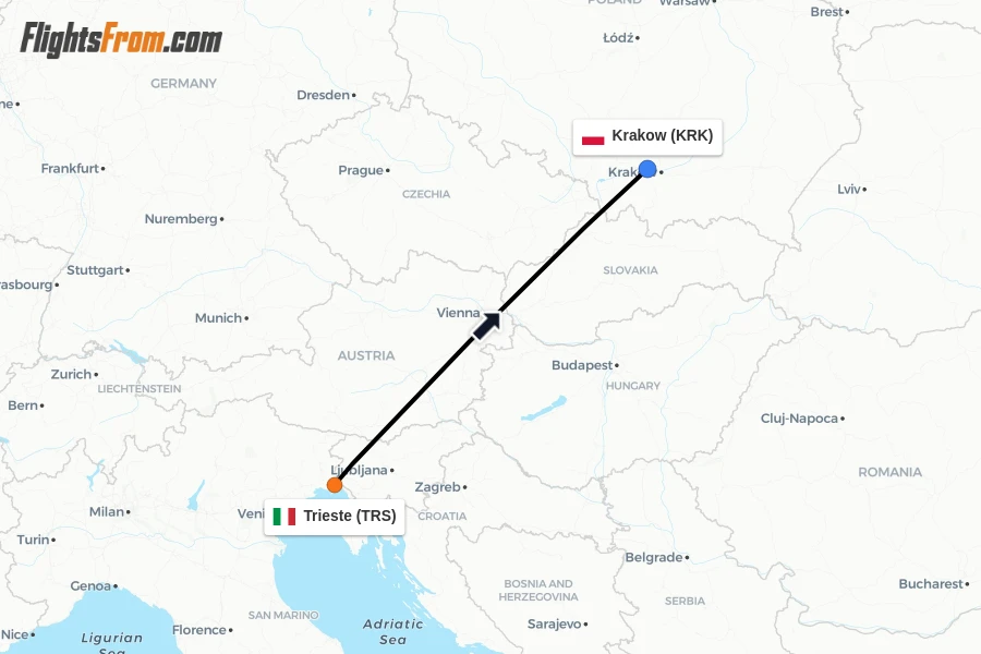 Flights from Trieste to Krakow route map