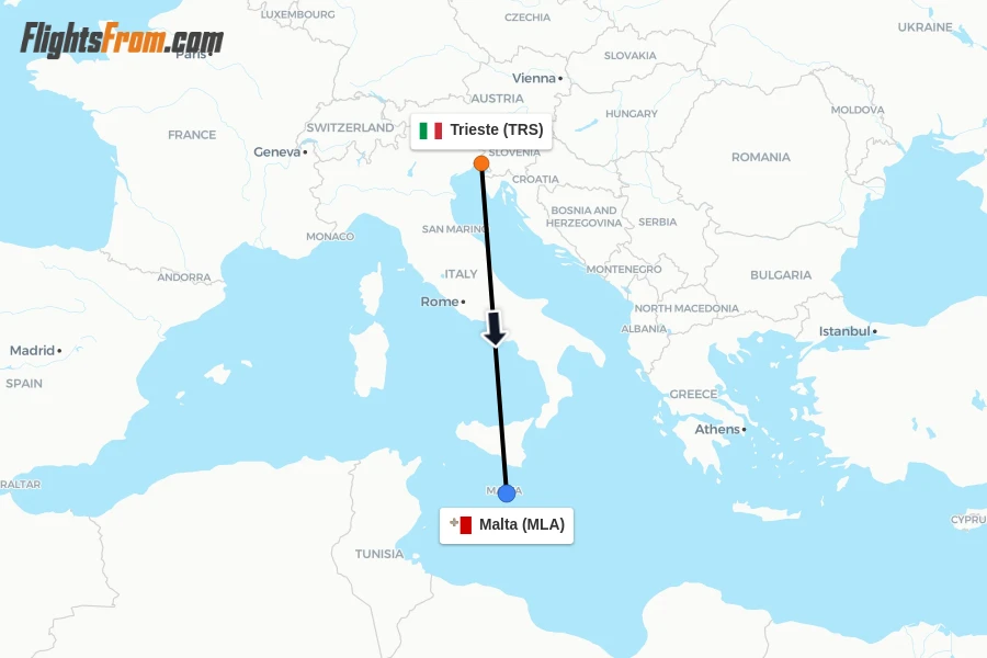 Flights from Trieste to Malta route map