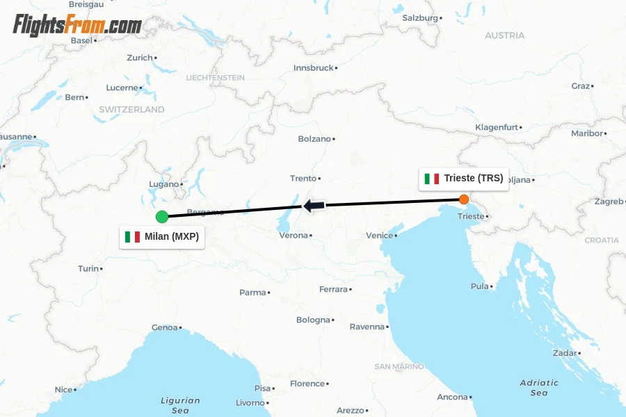 Flights from Trieste to Milan route map