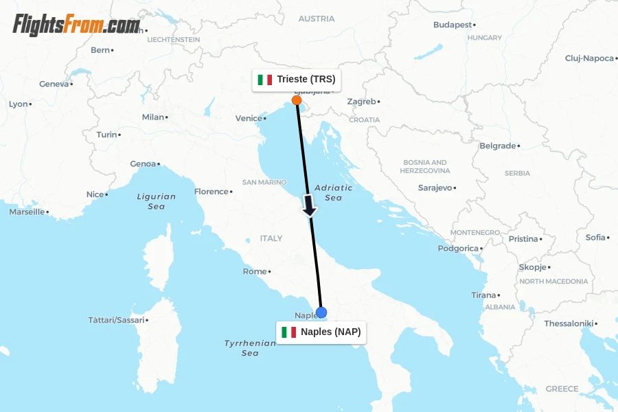 Flights from Trieste to Naples route map