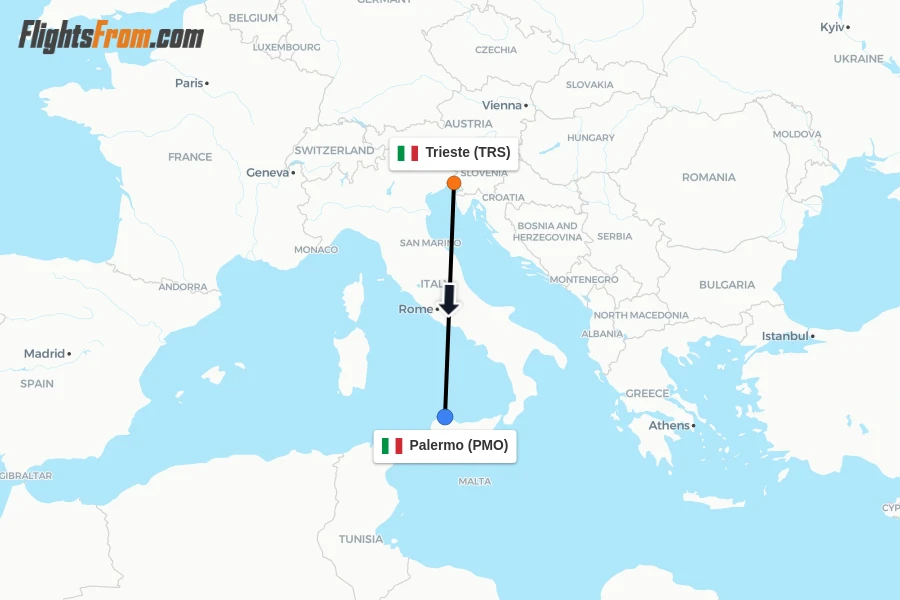 Flights from Trieste to Palermo route map