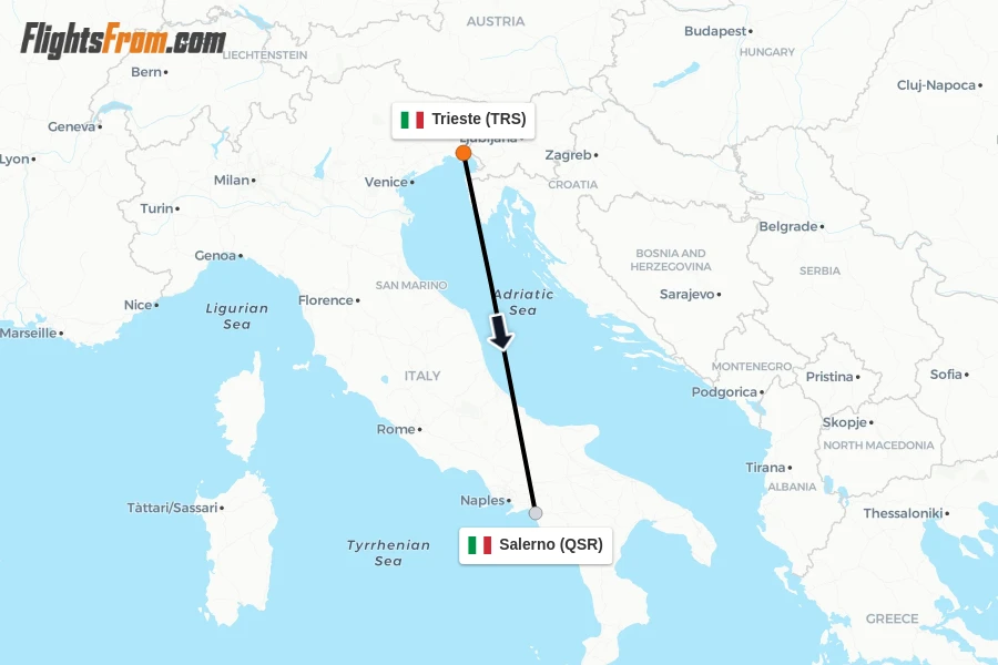 Flights from Trieste to Salerno route map