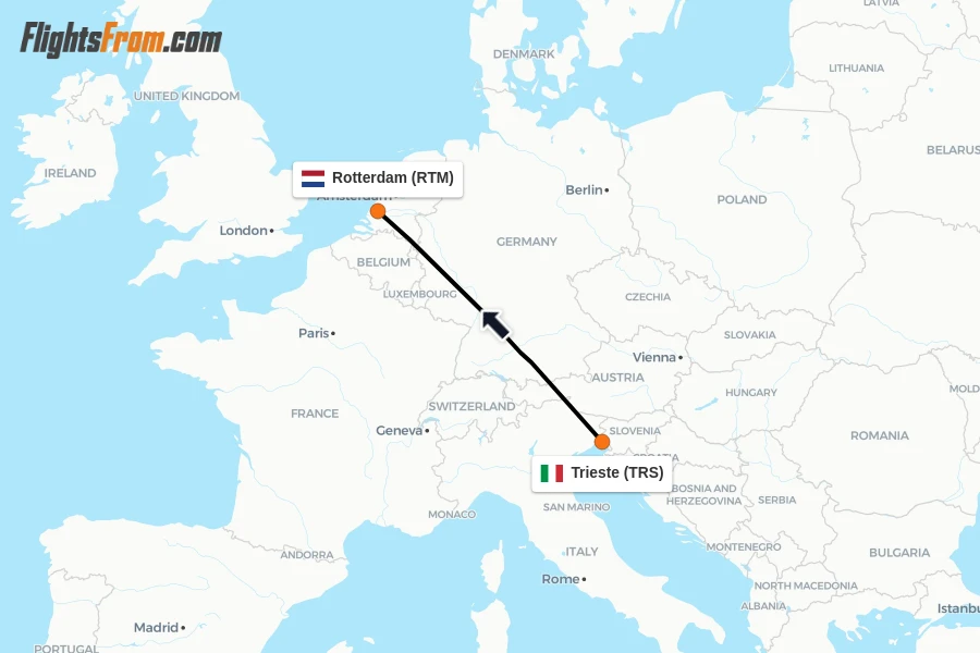 Flights from Trieste to Rotterdam route map