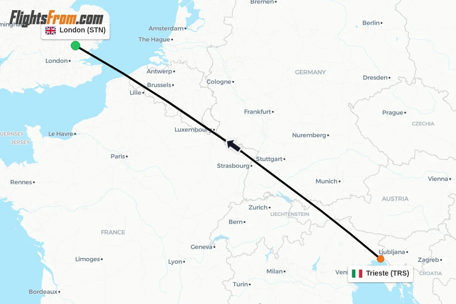 Flights from Trieste to London route map