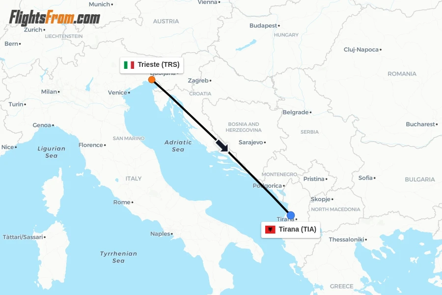 Flights from Trieste to Tirana route map