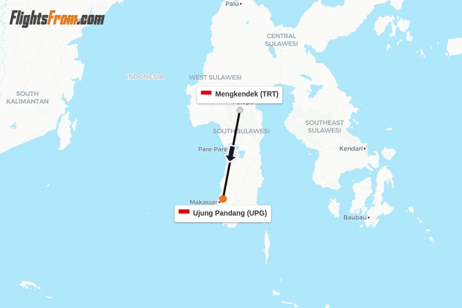 Flights from Mengkendek to Ujung Pandang route map