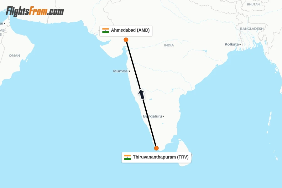 Flights from Thiruvananthapuram to Ahmedabad route map