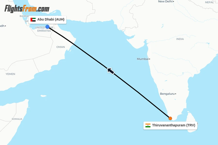 Flights from Thiruvananthapuram to Abu Dhabi route map