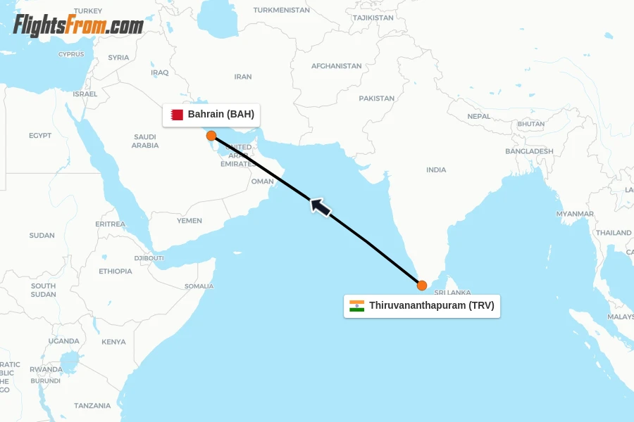 Flights from Thiruvananthapuram to Bahrain route map