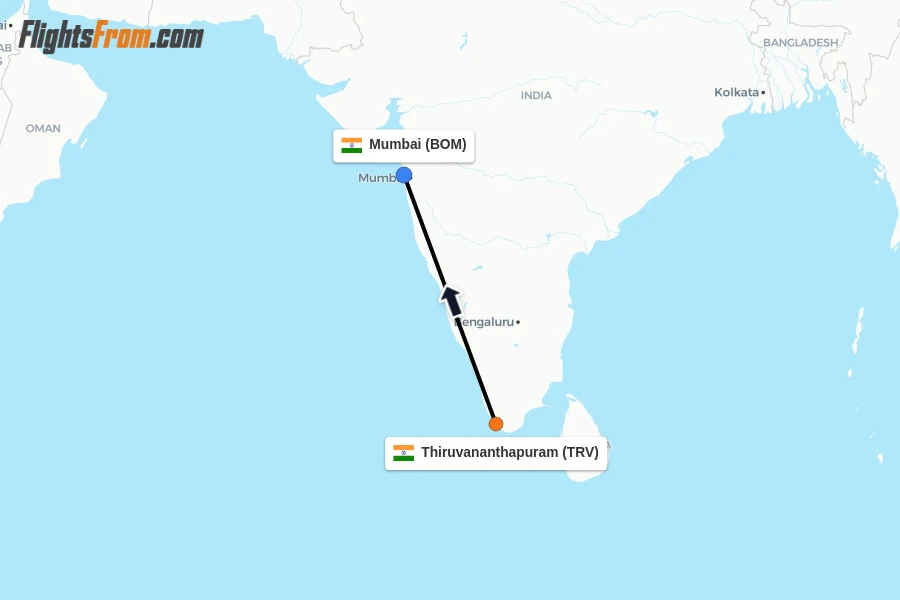 Flights from Thiruvananthapuram to Mumbai route map