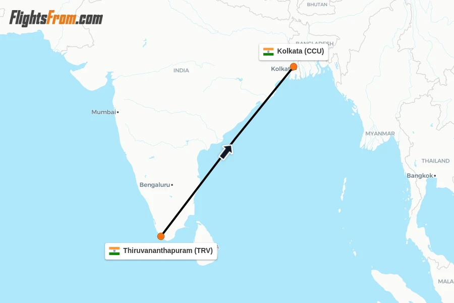 Flights from Thiruvananthapuram to Kolkata route map