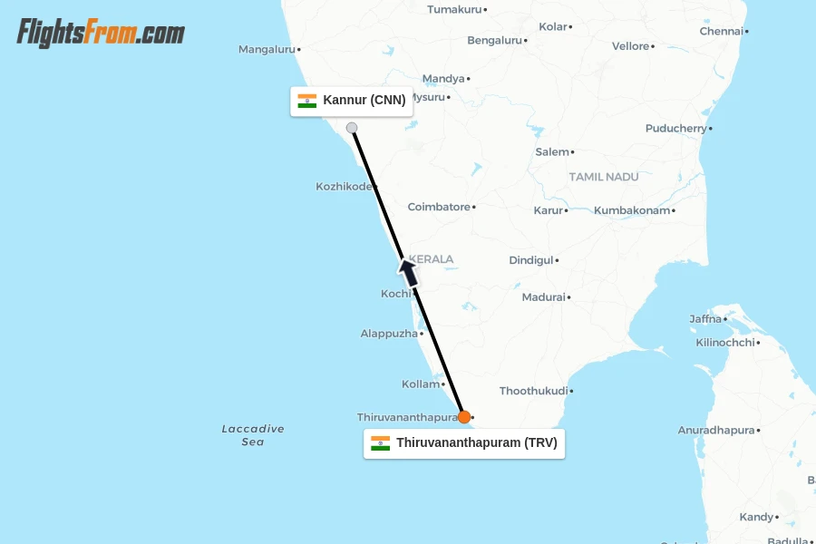 Flights from Thiruvananthapuram to Kannur route map