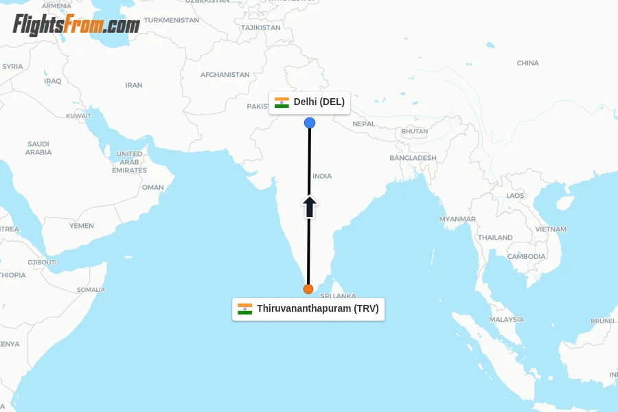 Flights from Thiruvananthapuram to Delhi route map