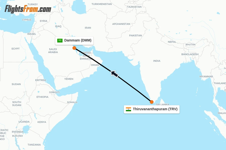 Flights from Thiruvananthapuram to Dammam route map
