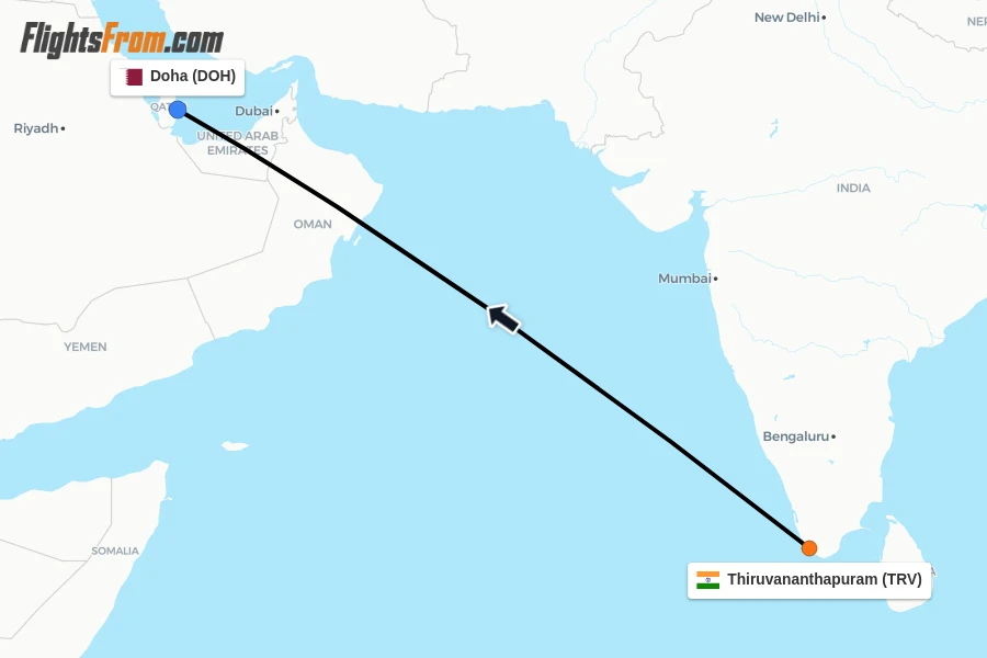 Flights from Thiruvananthapuram to Doha route map