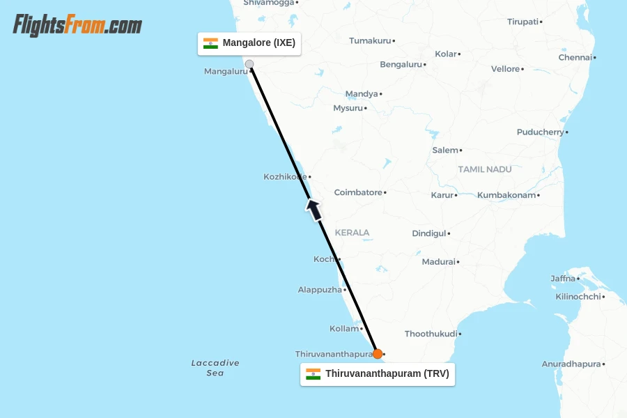 Flights from Thiruvananthapuram to Mangalore route map