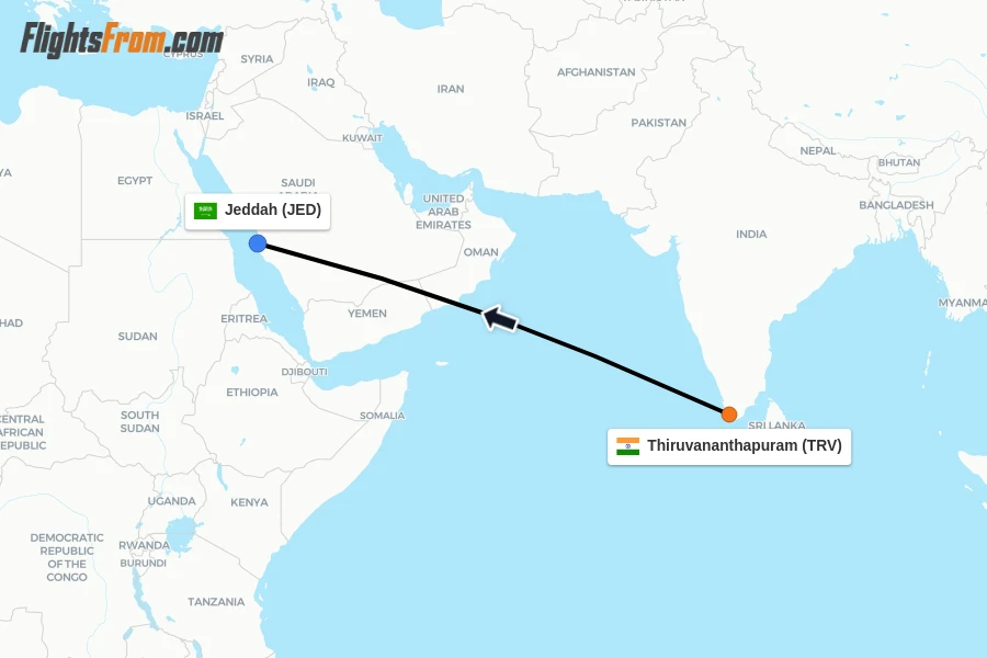 Flights from Thiruvananthapuram to Jeddah route map