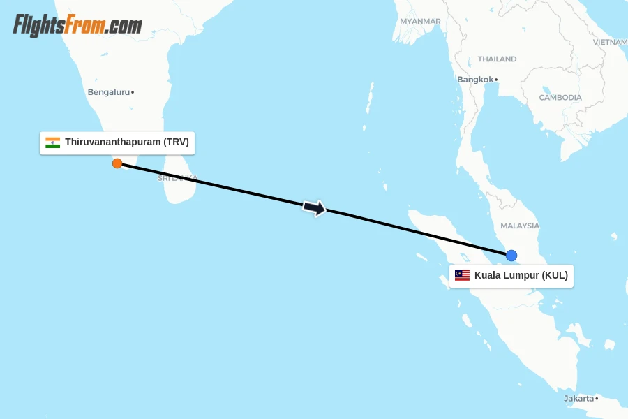 Flights from Thiruvananthapuram to Kuala Lumpur route map