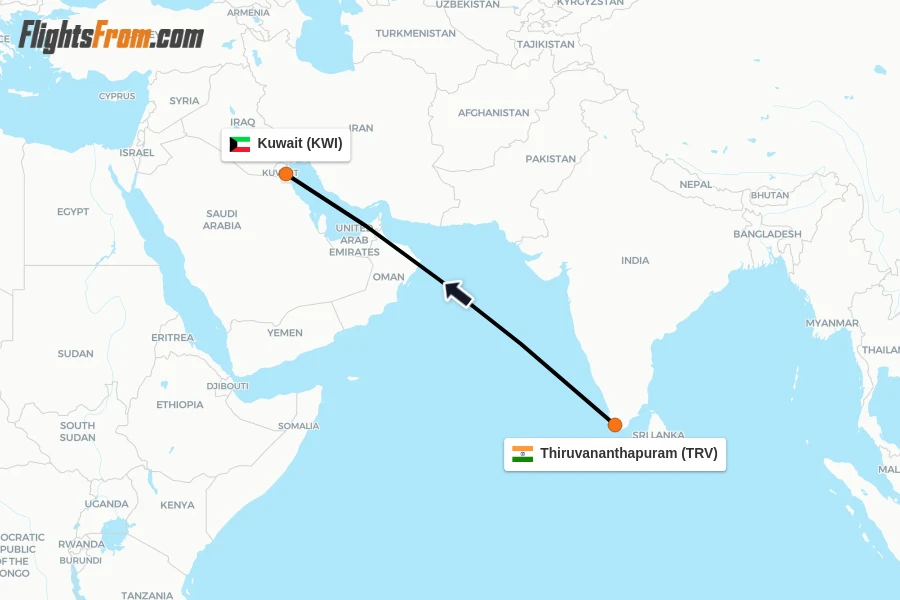 Flights from Thiruvananthapuram to Kuwait route map