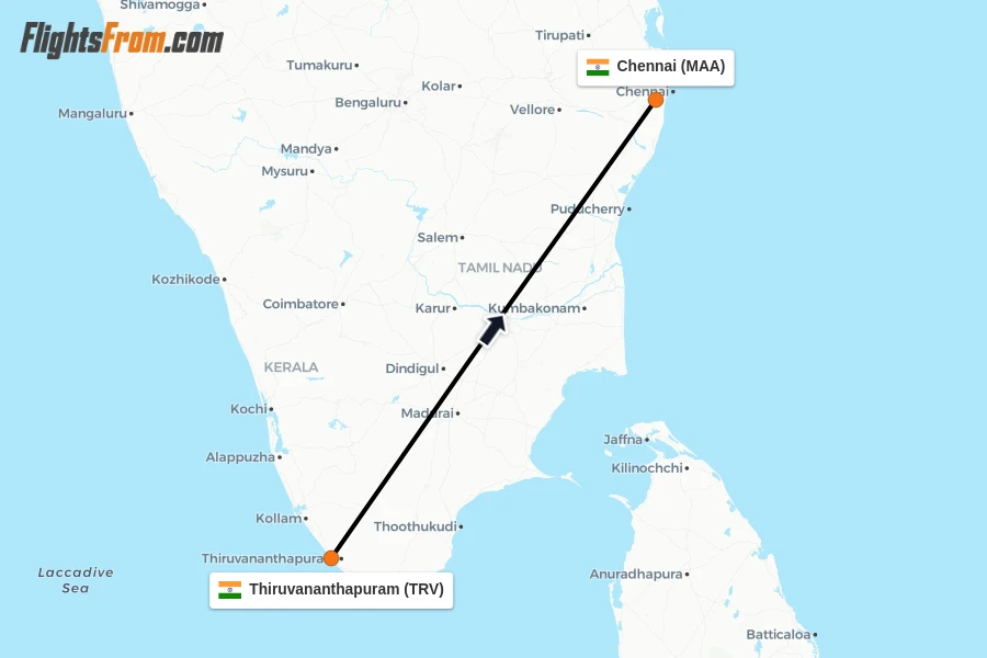 Flights from Thiruvananthapuram to Chennai route map