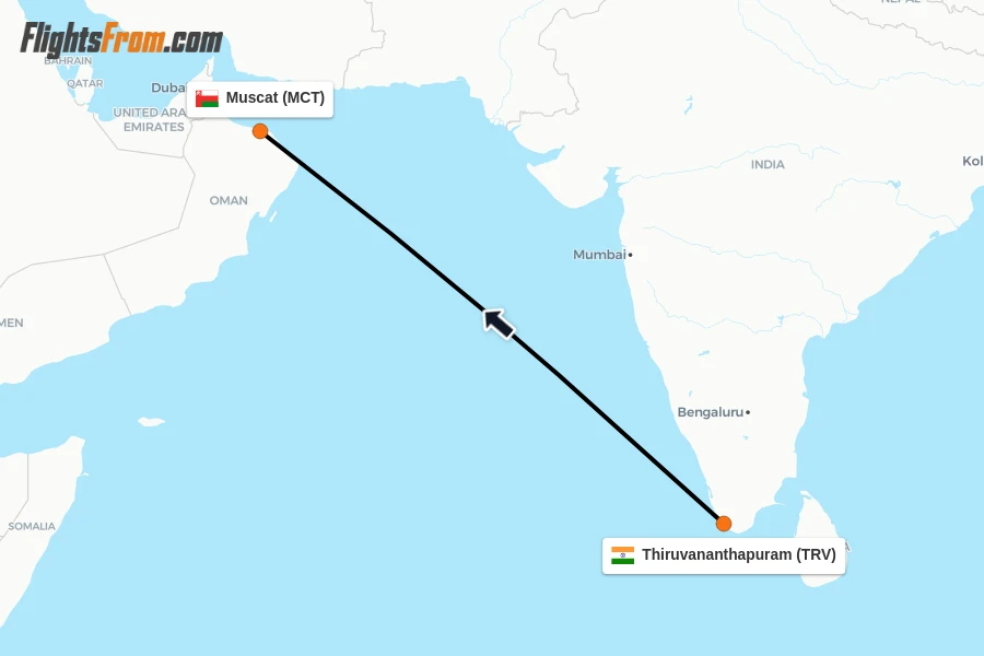 Flights from Thiruvananthapuram to Muscat route map