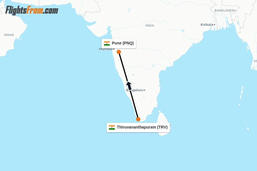 Flights from Thiruvananthapuram to Pune route map