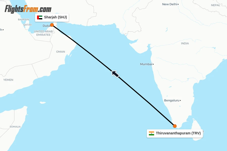 Flights from Thiruvananthapuram to Sharjah route map