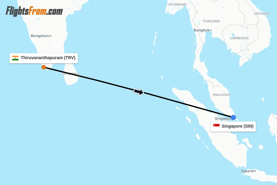 Flights from Thiruvananthapuram to Singapore route map