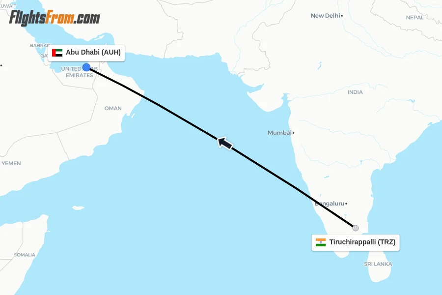 Flights from Tiruchirappalli to Abu Dhabi route map