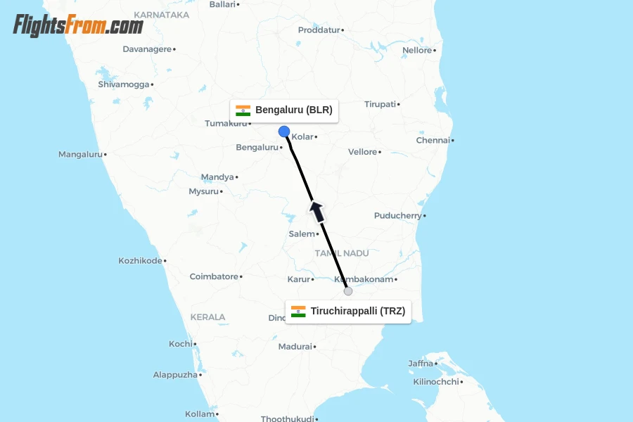 Flights from Tiruchirappalli to Bengaluru route map