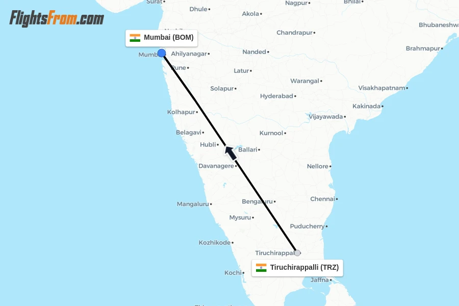 Flights from Tiruchirappalli to Mumbai route map