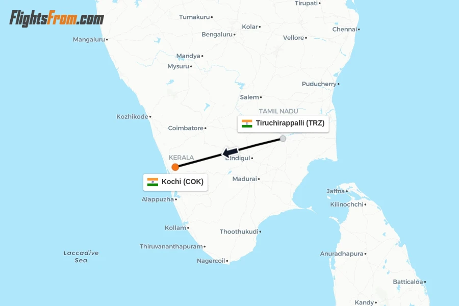 Flights from Tiruchirappalli to Kochi route map