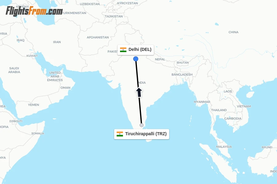Flights from Tiruchirappalli to Delhi route map