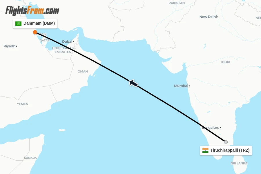 Flights from Tiruchirappalli to Dammam route map