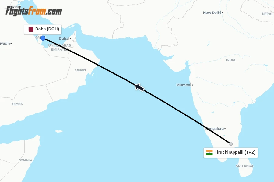 Flights from Tiruchirappalli to Doha route map