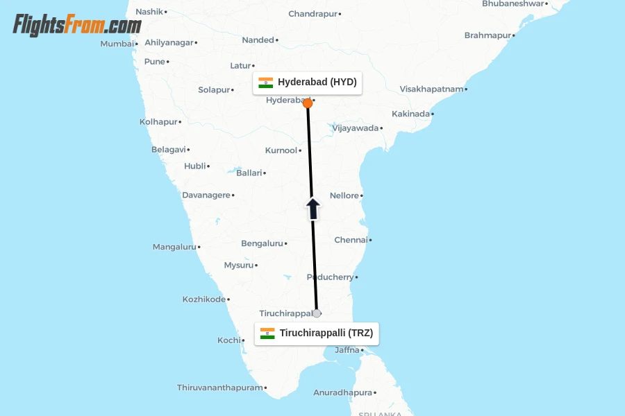 Flights from Tiruchirappalli to Hyderabad route map