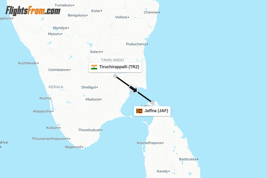 Flights from Tiruchirappalli to Jaffna route map
