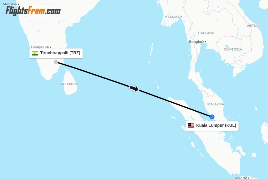 Flights from Tiruchirappalli to Kuala Lumpur route map