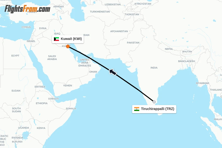 Flights from Tiruchirappalli to Kuwait route map